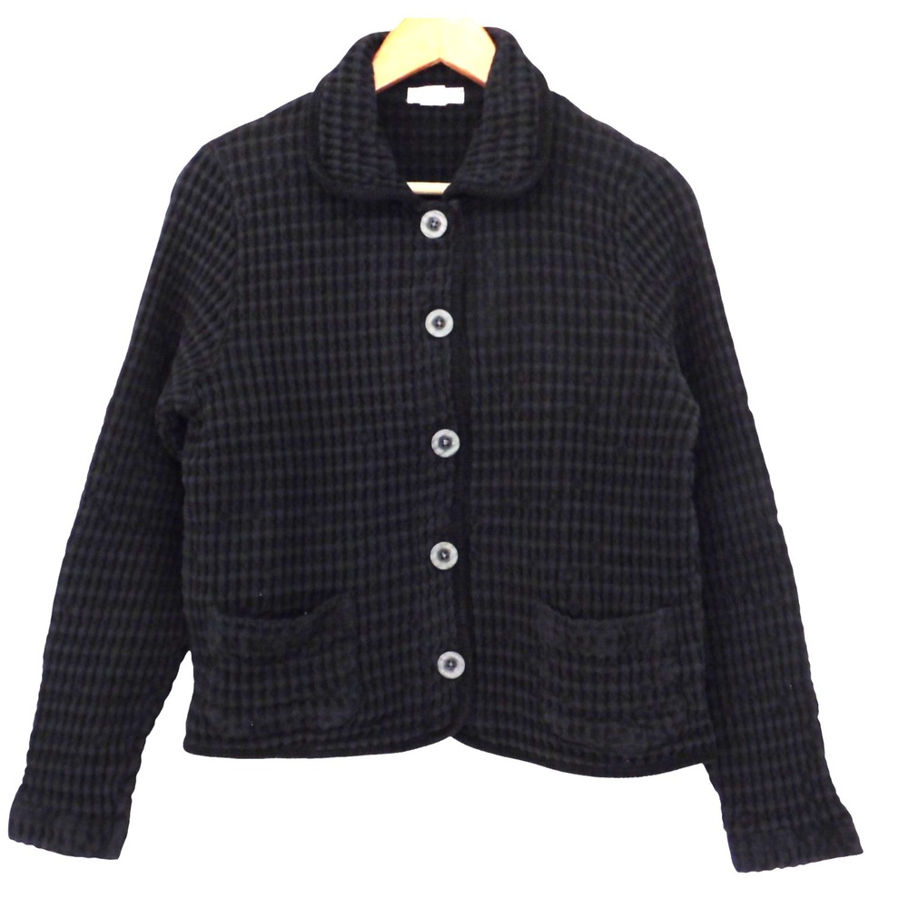 Vintage Black Waffle knit‎ Jacket Button front Lagenlook Pockets Size Medium